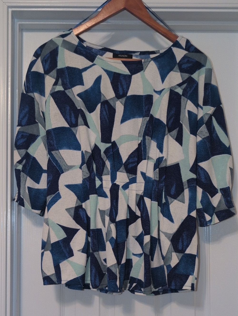 Alfani Blue and Off-white Abstract Geometric Peplum Top